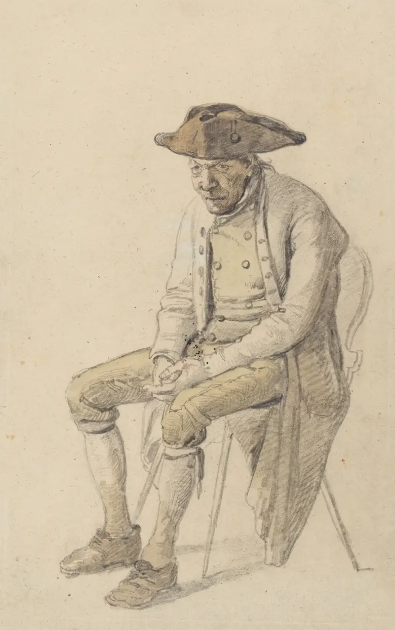 Sittande gammal bonde med trekantig hatt av Johann Baptist Kirner