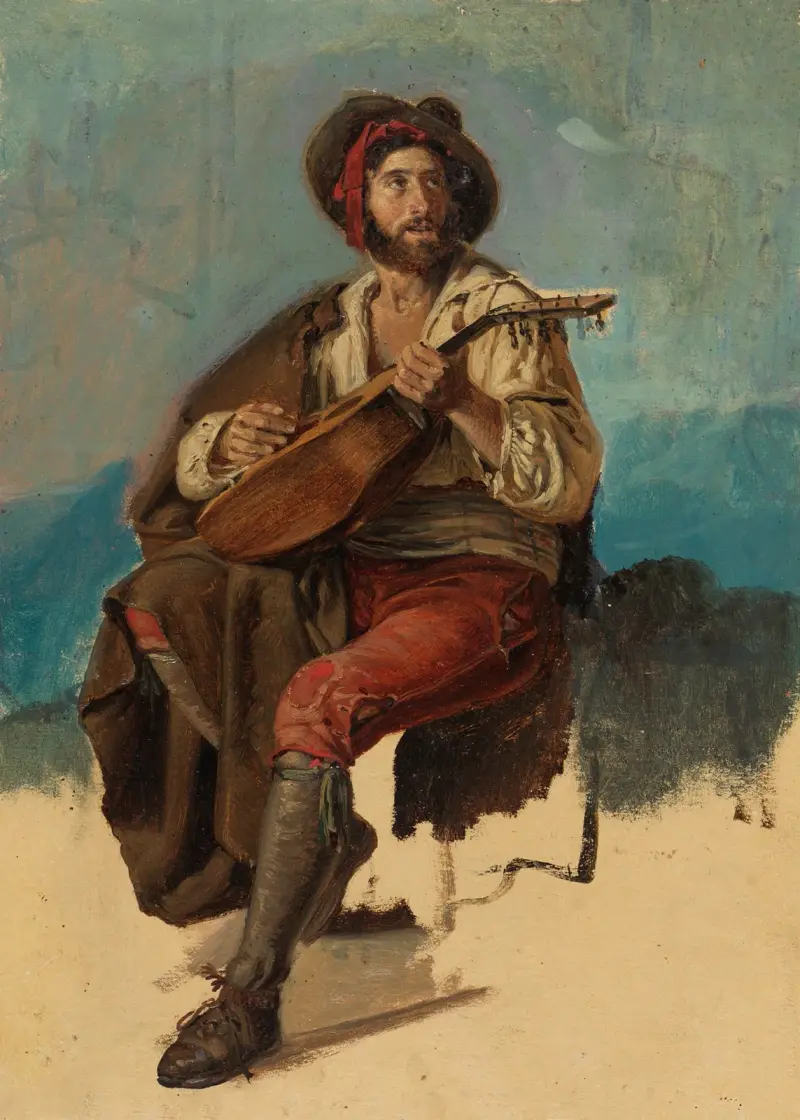 Sittande italiensk musiker, stol ofullbordad av Johann Baptist Kirner