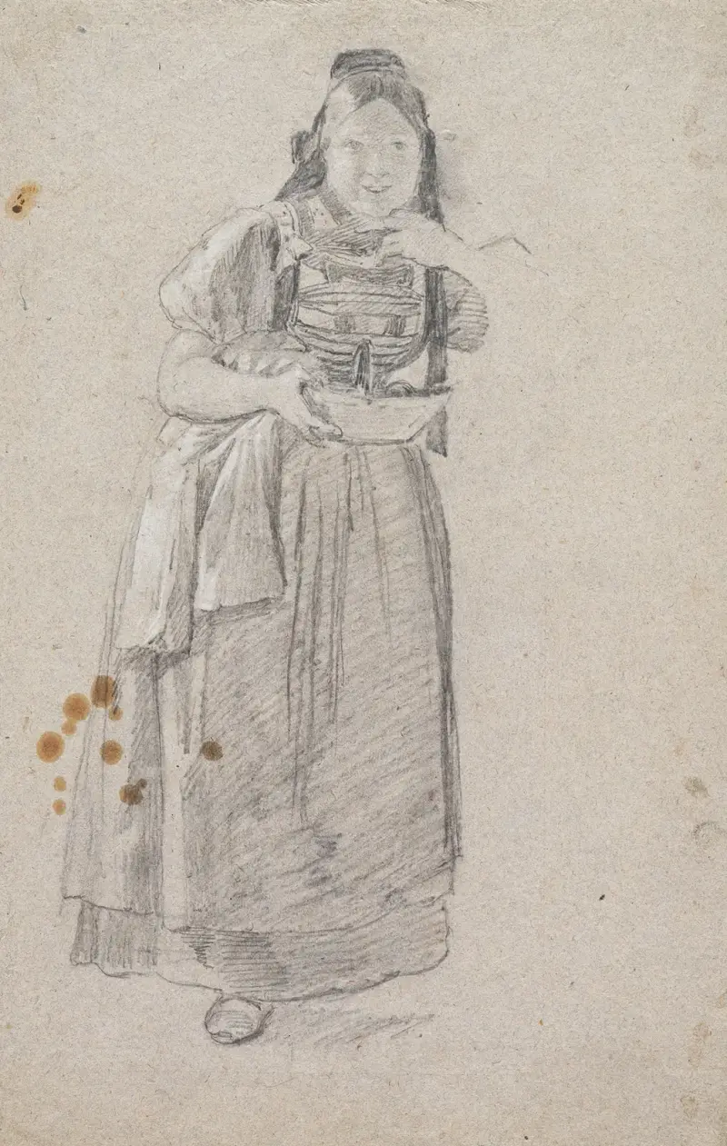 Young Black Forest woman, listening (with sewing box and blouse) av Johann Baptist Kirner