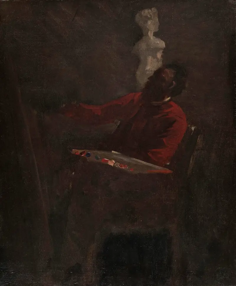 Carpeaux i röd rock målande i sin ateljé av Jean-Baptiste Carpeaux