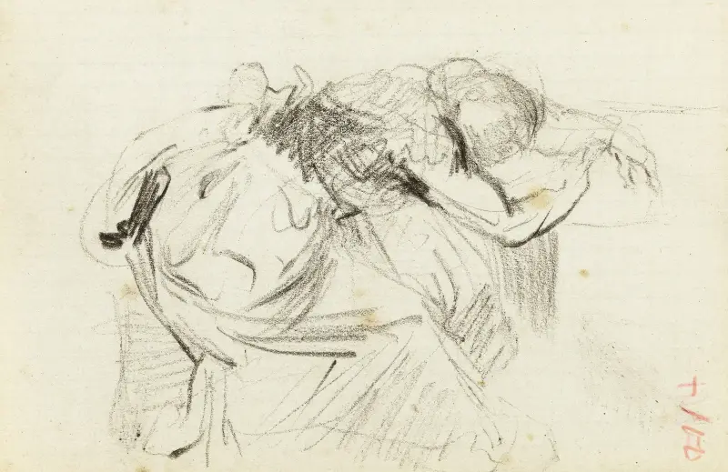 Etude de femme assise, l’avant du corps allongé sur une table, la tête dans les bras av Jean-Baptiste Carpeaux