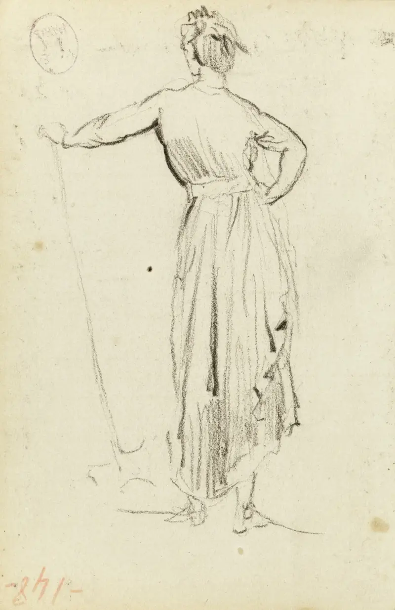 Etude d’une femme debout de dos, la main gauche appuyée sur une pelle av Jean-Baptiste Carpeaux