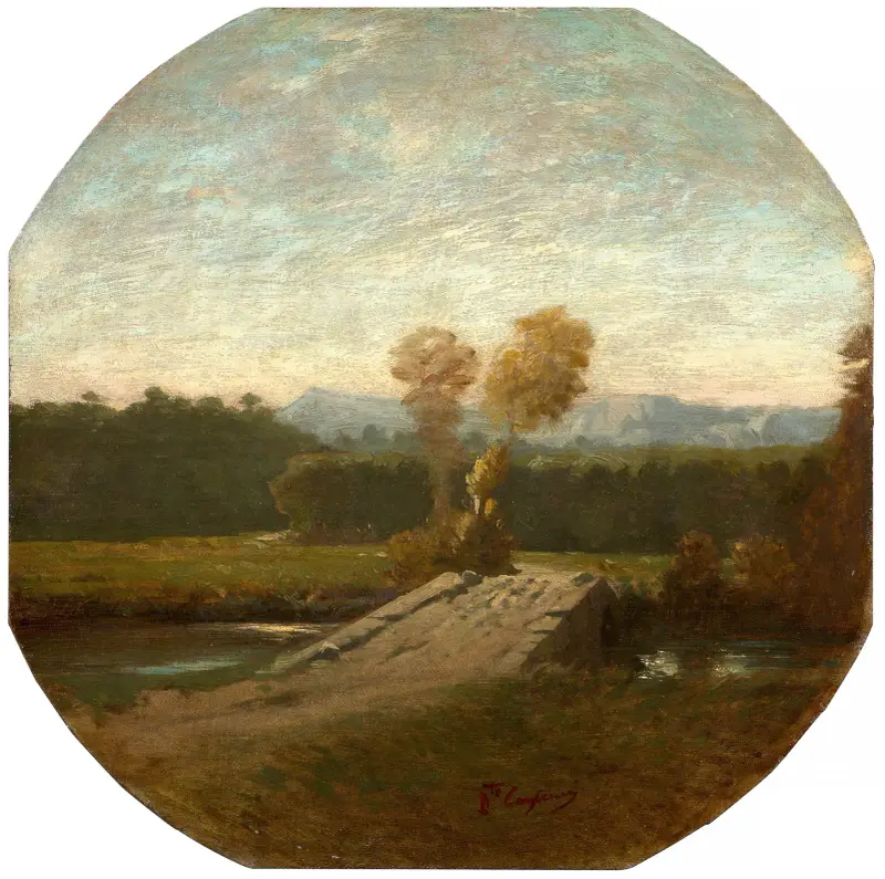 Paysage boisé avec pont et cours d’eau av Jean-Baptiste Carpeaux