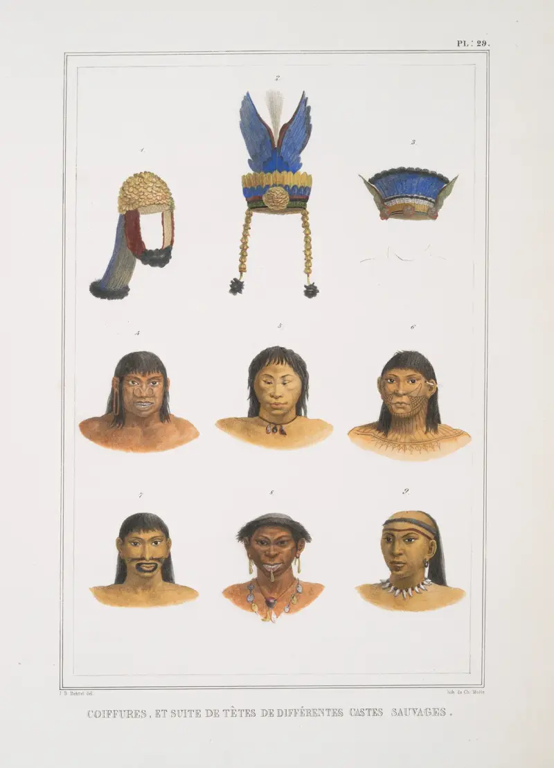 Coiffures, et suite de têtes de différentes castes sauvages av Jean Baptiste Debret