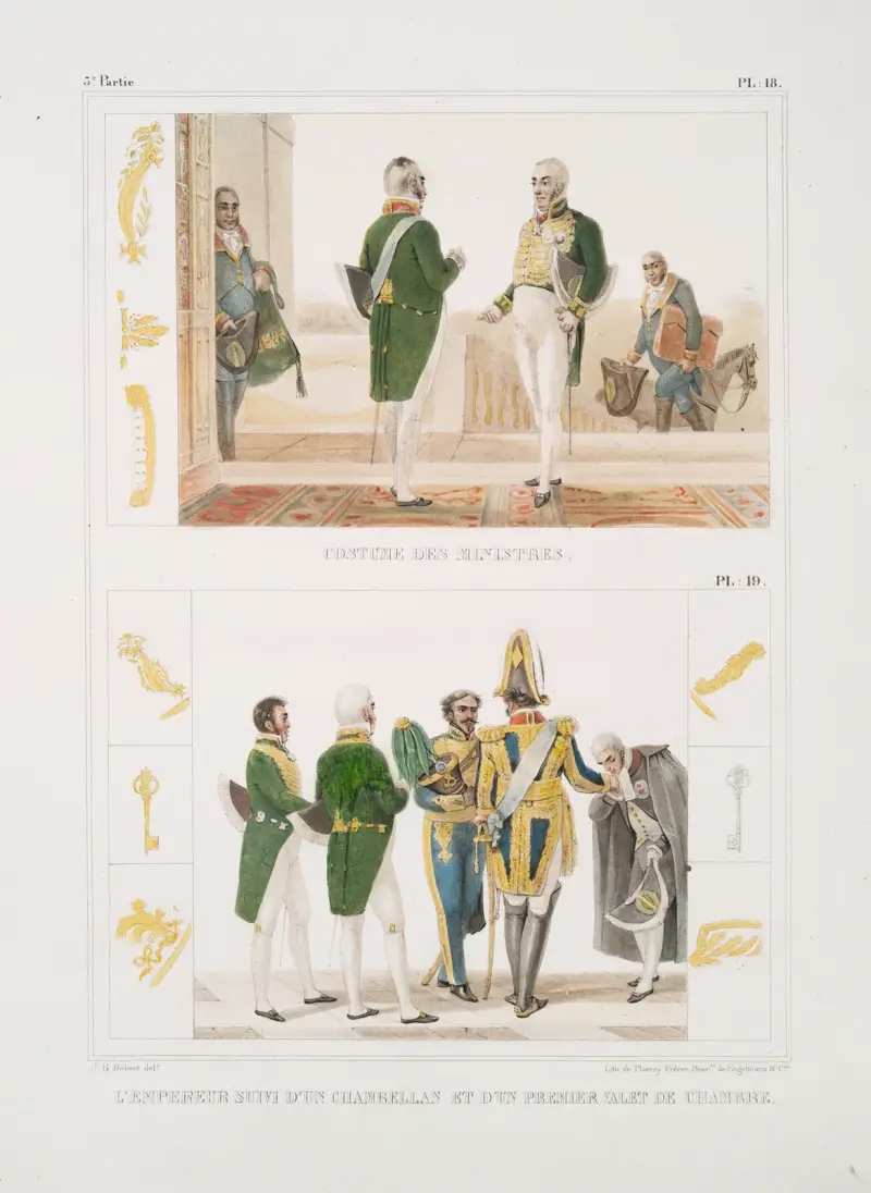 Costume des ministres; L’Empereur suivi d’un chambellan et d’un premier valet de chambre av Jean Baptiste Debret