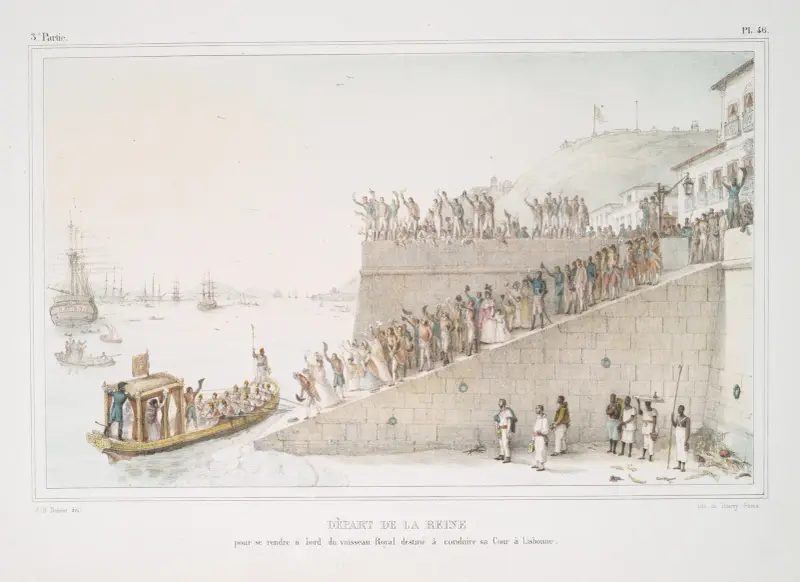 Départ de la reine pour se rendre à bord du vaisseau Royal destiné à conduire au Court à Lisbonne. av Jean Baptiste Debret