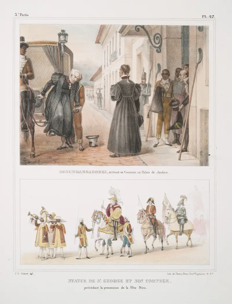 Desembargadores, arrivant en costume au Palais de Justice; Statue de St. George et son cortège, prècédant la procession de la Fête Dieu av Jean Baptiste Debret
