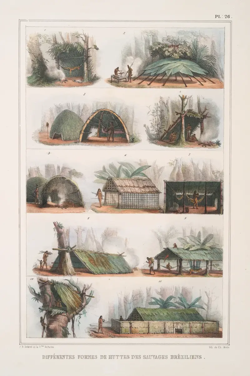 Olika former av hyddor hos Brasiliens ursprungsfolk av Jean Baptiste Debret