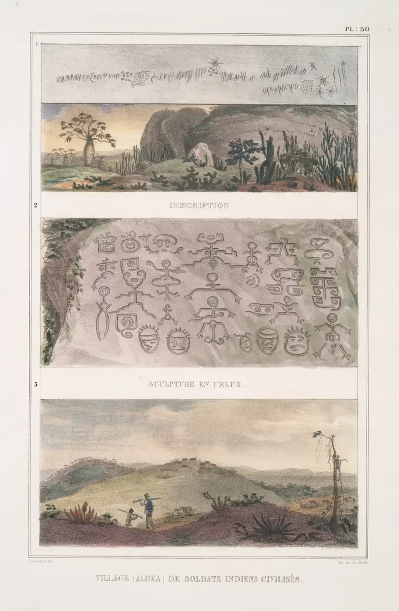 Inschrift; vertieftes Relief; Dorf (aldea) zivilisierter indianischer Soldaten. von Jean Baptiste Debret