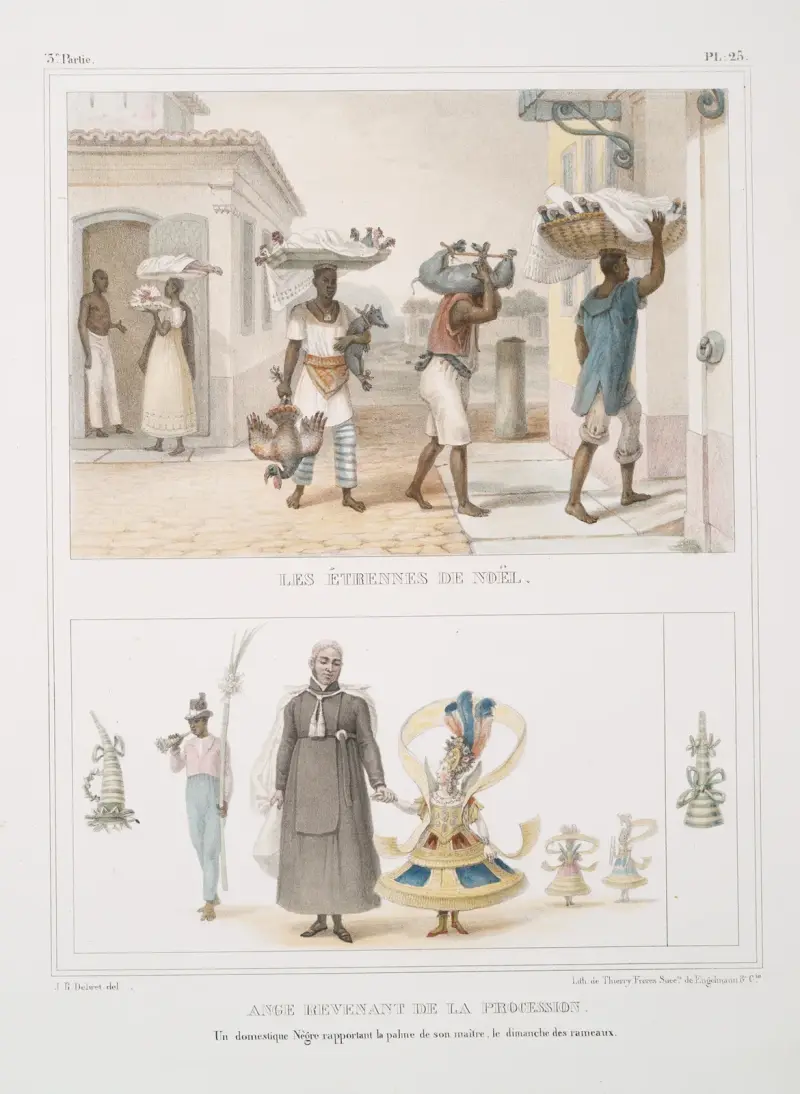 Les étrennes de Noël; Ange revenant de la procession. Un domestique nègre rapportant la palme de son maître, le Dimanche des Rameaux av Jean Baptiste Debret