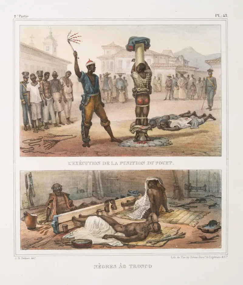 L’exécution de la punition du fouet; Nègres ào [au] tronco av Jean Baptiste Debret