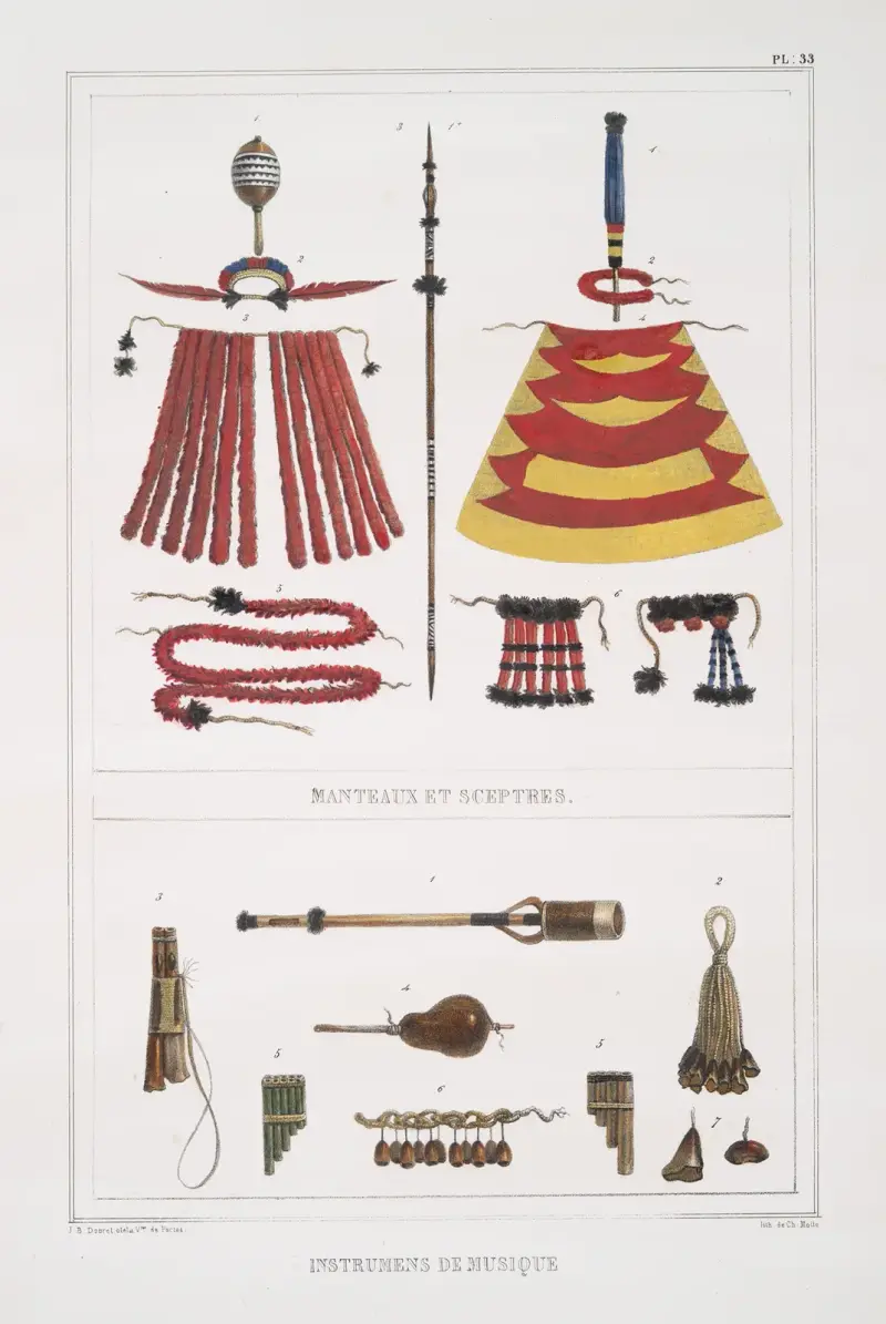 Kappor och spön; musikinstrument av Jean Baptiste Debret