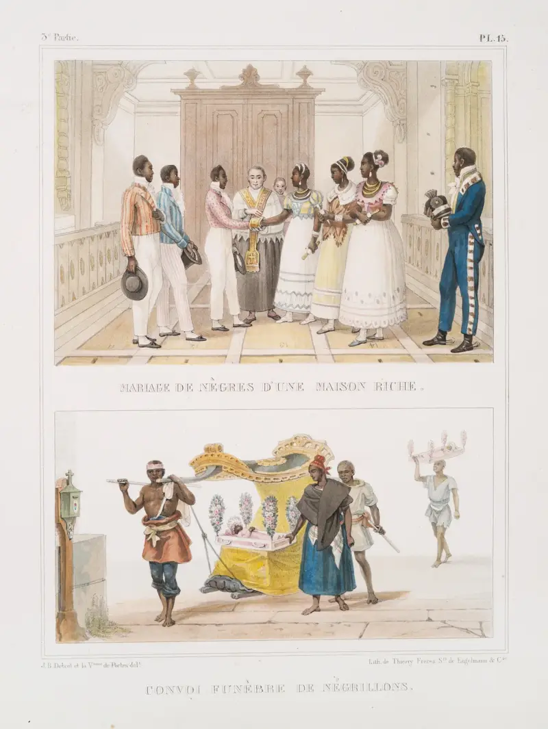 Hochzeit von Sklaven in einem reichen Haus; Leichenzug von Sklavenkindern von Jean Baptiste Debret