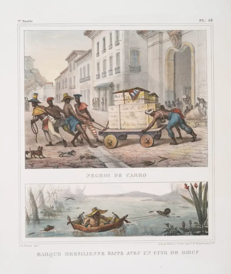 Nègros de carro; Barque brésilienne faite avec un cuir de boeuf av Jean Baptiste Debret