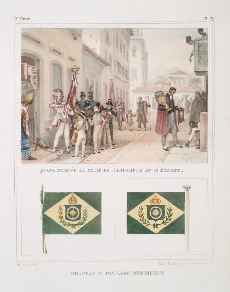 Quête nommée la folie de l’empereur du St. Esprit; Drapeau et pavillon brésiliens av Jean Baptiste Debret