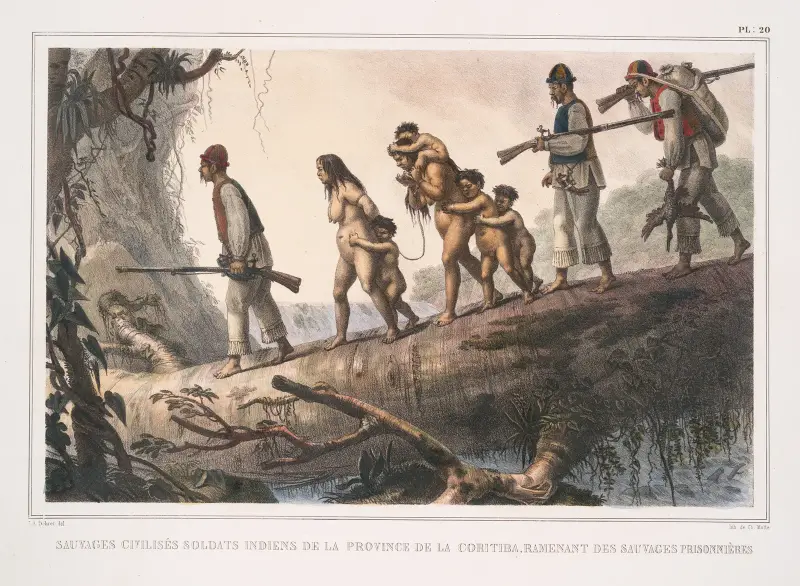 Civiliserade vildar, indiska soldater från provinsen Coritiba, återvänder med vilda fångar av Jean Baptiste Debret