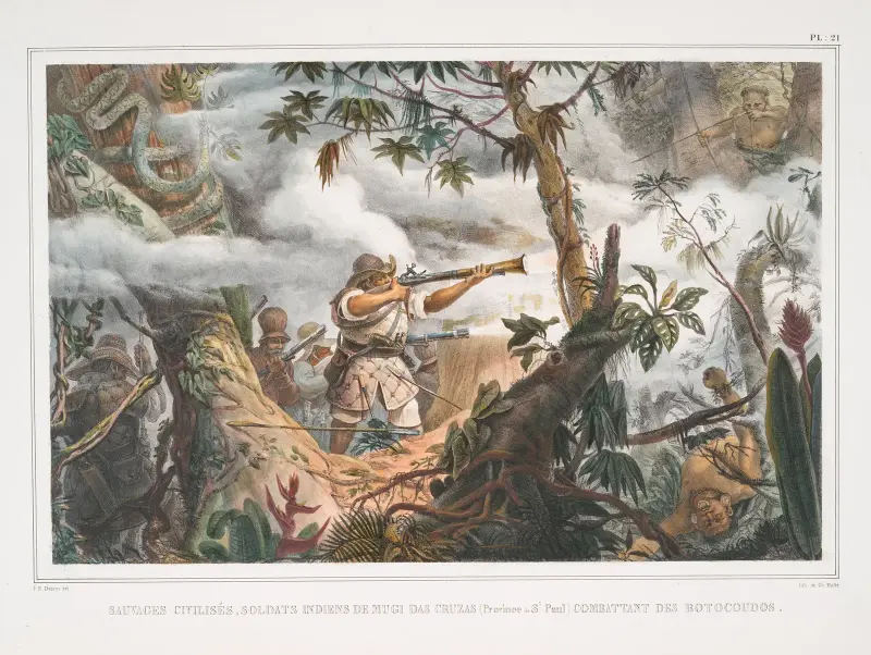 Zivilisierte Wilde, indianische Soldaten von Mugi das Cruzas (Provinz São Paulo) gegen die Botokuden kämpfend von Jean Baptiste Debret