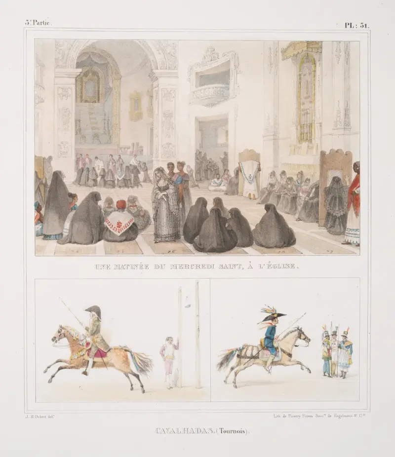 En onsdagsmorgon under stilla veckan, i kyrkan; Cavalhadas (turneringar) av Jean Baptiste Debret