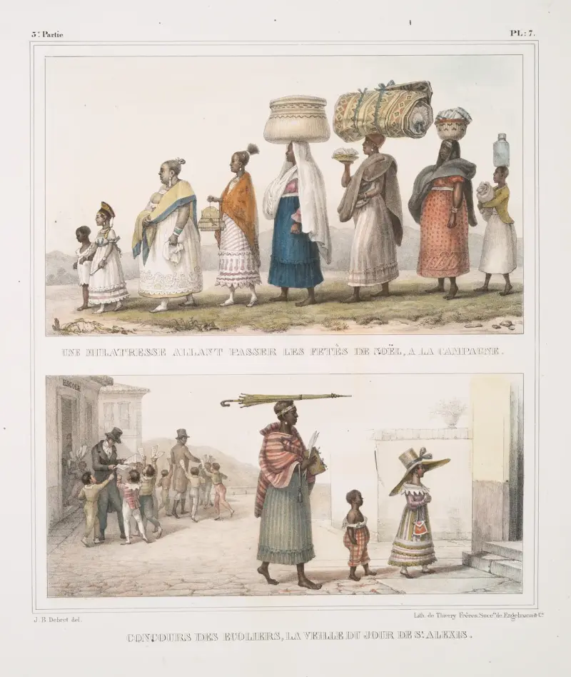 Une mulâtresse allant passer les fetês de Noël, à la campagne; Concours des écoliers, la veille de jour de St. Alexis av Jean Baptiste Debret