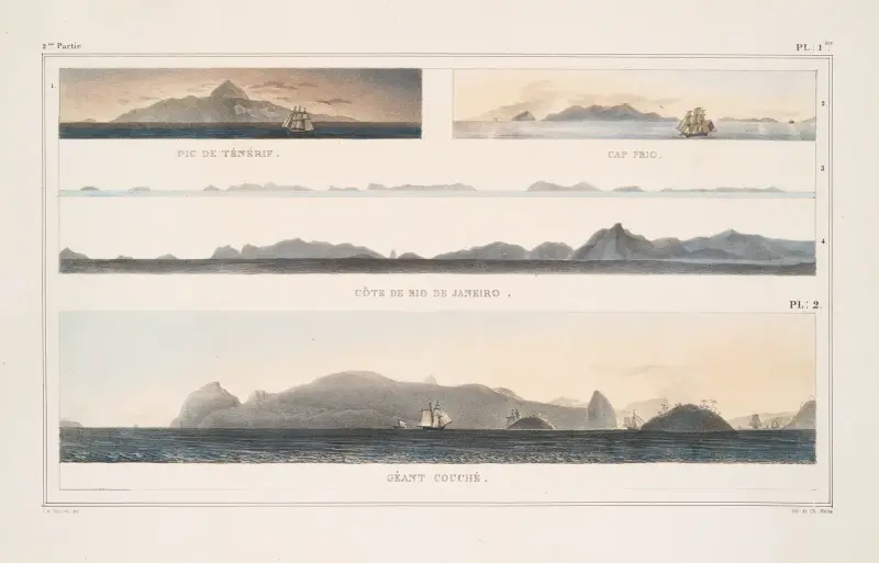 Utsikt över Rio de Janeiros kust; Teneriffas topp; Kap Frio; Rio de Janeiros kust; Liggande jätte av Jean Baptiste Debret