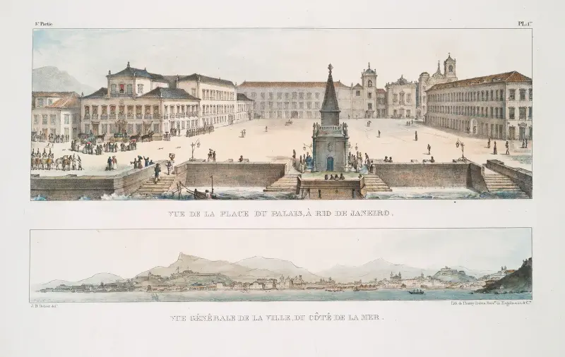 Utsikt över Place du Palais, Rio de Janeiro; Stadsvy från havet av Jean Baptiste Debret