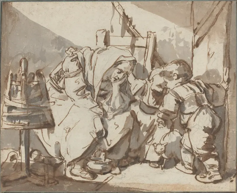 En trött kvinna med två barn av Jean-Baptiste Greuze