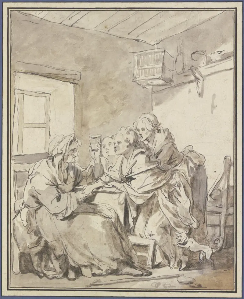 Alte Frau, drei junge Frauen aus einem Glas wahrsagend von Jean-Baptiste Greuze