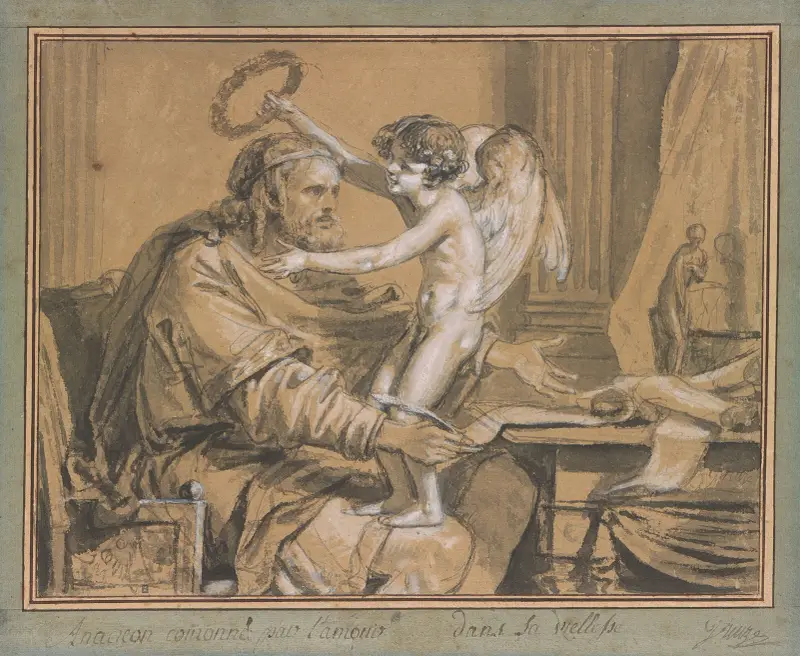 Anakreon på ålderns höst krönt av kärleken av Jean-Baptiste Greuze