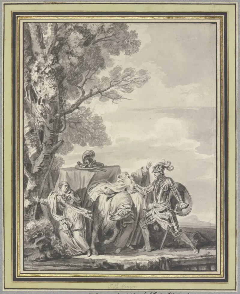 Greift er ihm ans Kinn mit wildem Hassen av Jean-Baptiste Greuze