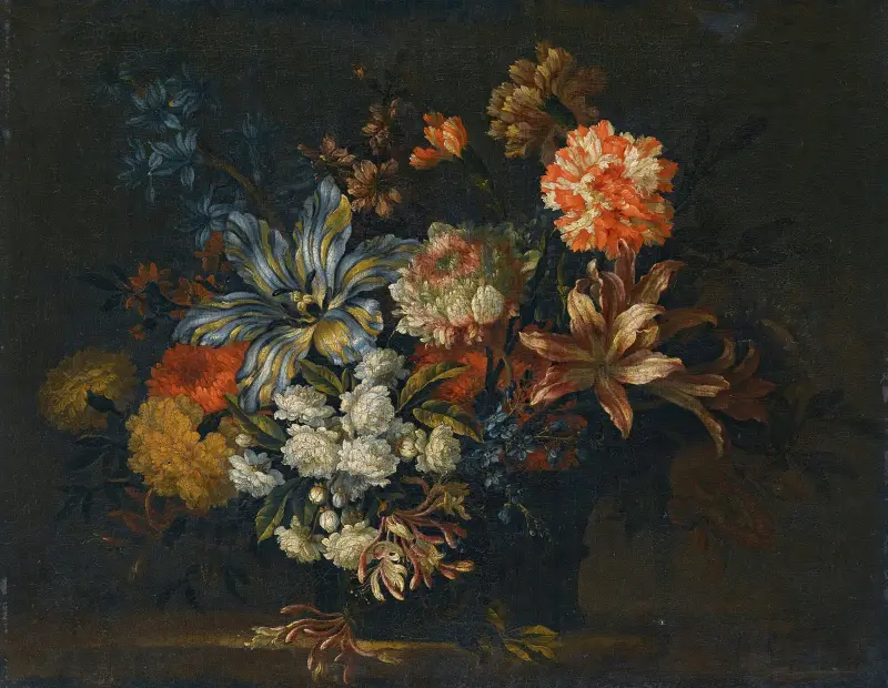 A Still Life Of Lillies, Honeysuckle And Other Flowers In A Vase On A Ledge av Jean-Baptiste Monnoyer