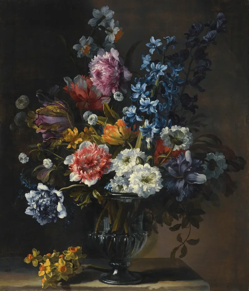 A Still Life With Tulips, A Hyacinth And Other Flowers In A Glass Vase On A Stone Plinth av Jean-Baptiste Monnoyer
