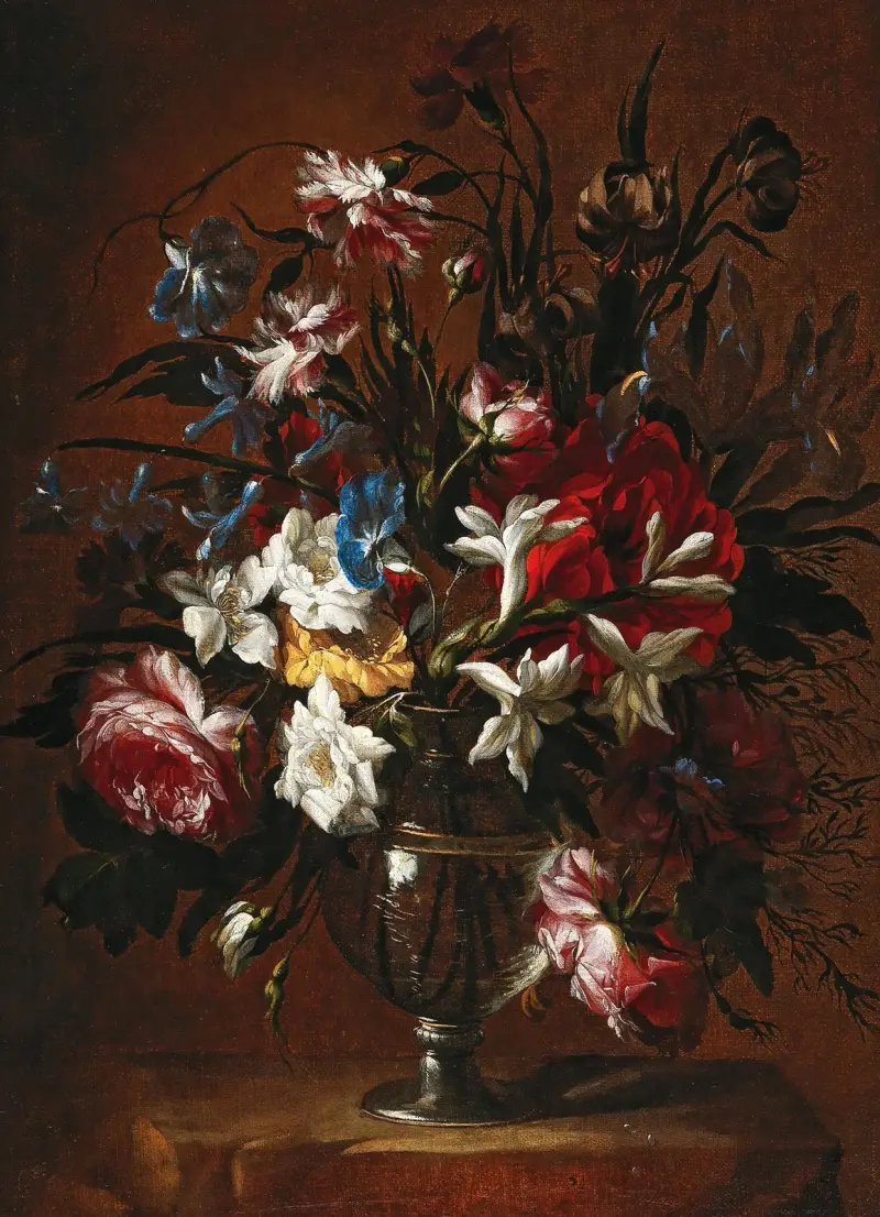 Carnations, roses, lilies and other flowers in a vase on a ledge av Jean-Baptiste Monnoyer