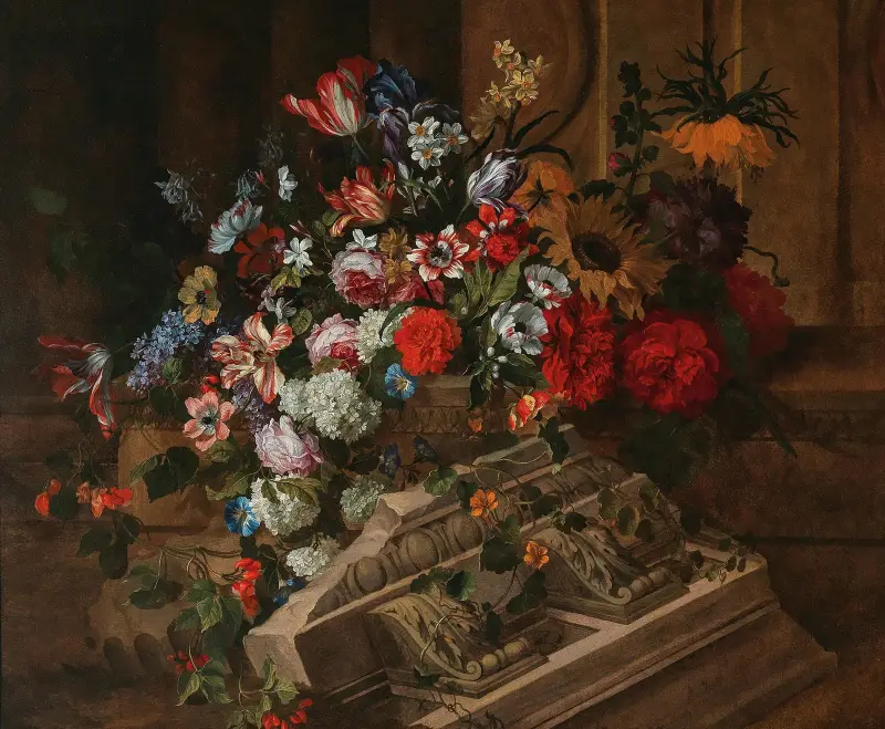 Flowers near a classical cornice on a terrace av Jean-Baptiste Monnoyer