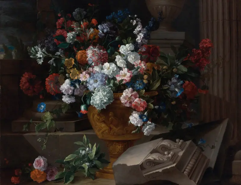 Still Life With Flowers In A Sculpted Urn With Architectural Fragments On A Terrace av Jean-Baptiste Monnoyer