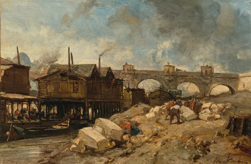 Bain, bateaux-lavoirs près du Pont-Neuf av Johan Barthold Jongkind