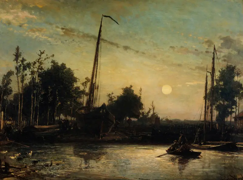Bateau en construction en bord de canal, Paysage hollandais av Johan Barthold Jongkind