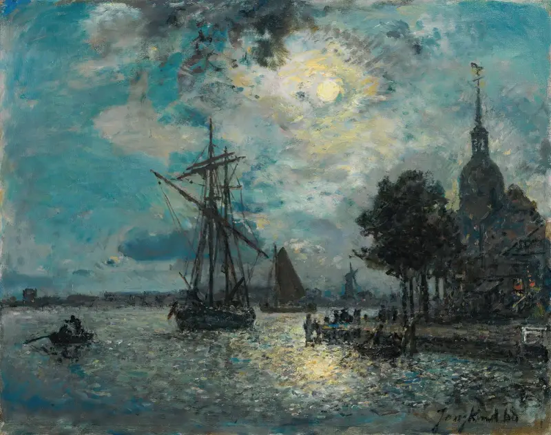 Hamnen i Dordrecht i månsken av Johan Barthold Jongkind