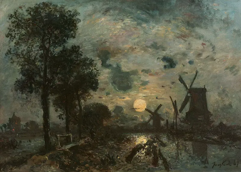 Kvarnar i månsken, Schiedam av Johan Barthold Jongkind