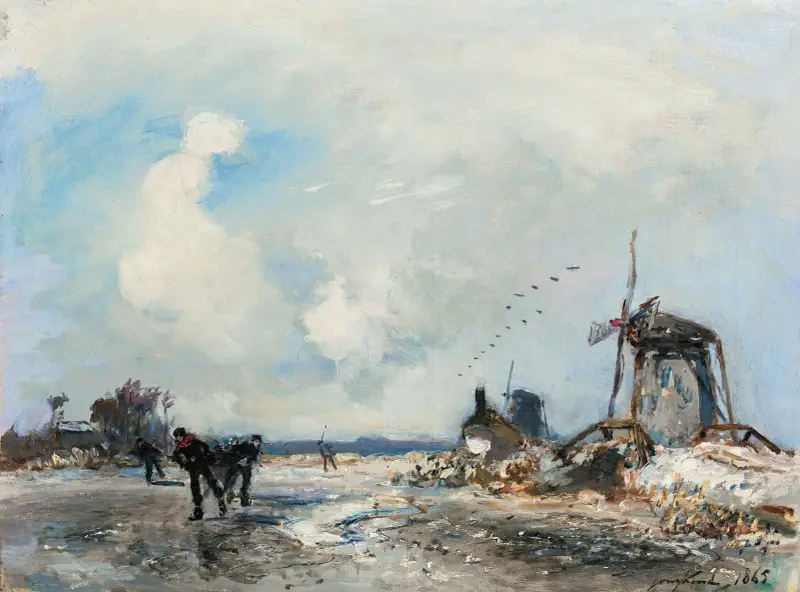 Kvarnar och skridskoåkare i Holland av Johan Barthold Jongkind