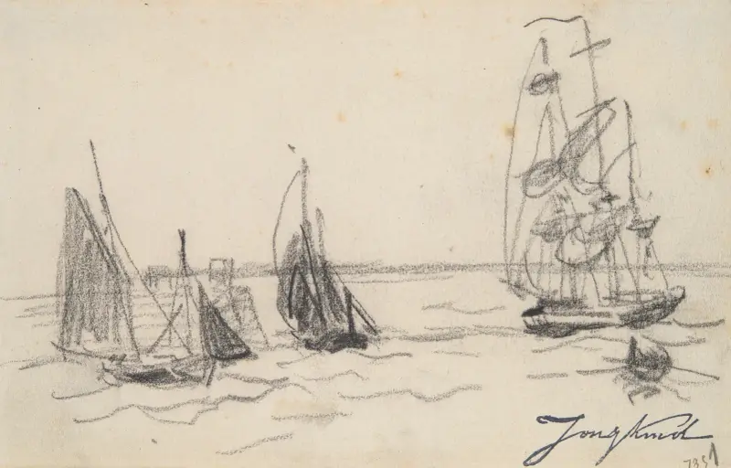 Små segelbåtar och en tremastare av Johan Barthold Jongkind