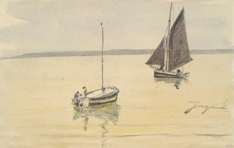 Två fiskebåtar på stilla vatten av Johan Barthold Jongkind