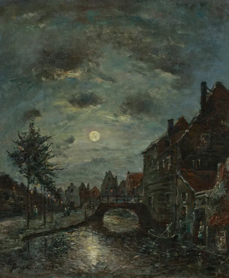 En inre kanal i Dordrecht, månsken av Johan Barthold Jongkind