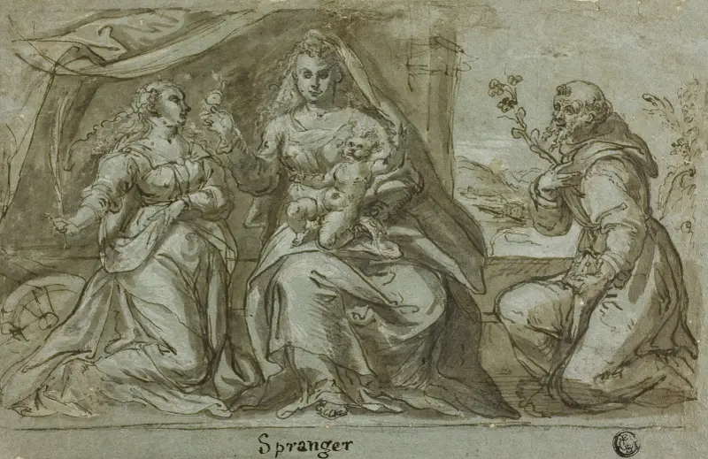Madonna and Child with Saints Catherine and Dominic av Bartholomaeus Spranger