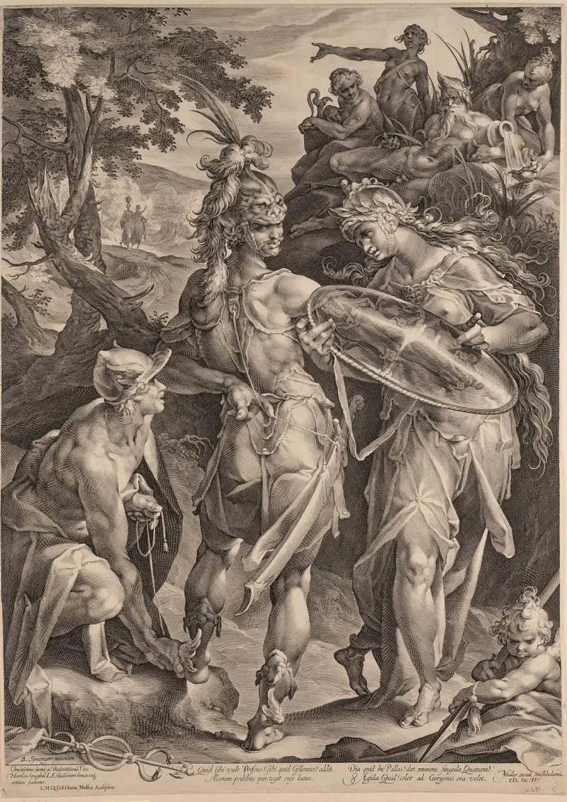 Perseus, armed, to free Andromeda av Bartholomaeus Spranger