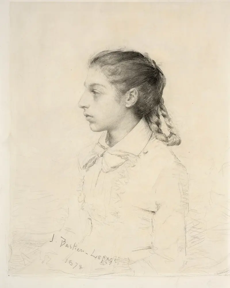 Porträtt av en ung flicka med fläta av Jules Bastien-Lepage