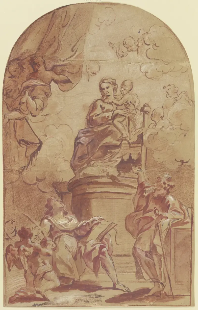 Maria auf dem Throne, dabei der Heilige Paulus und der Heilige Matthäus mit dem Engel av Giovanni Battista Gaulli