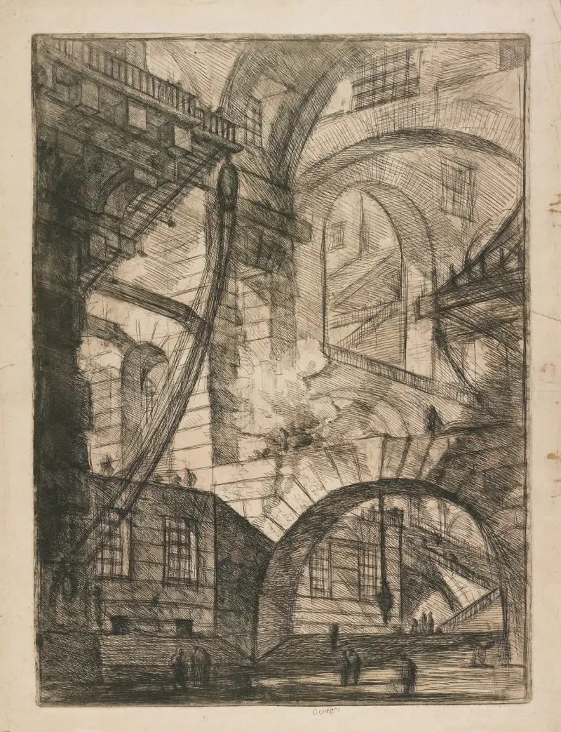 Perspective of Arches, with a Smoking Fire, Plate 6 from Carceri d’Invenzione av Giovanni Battista Piranesi