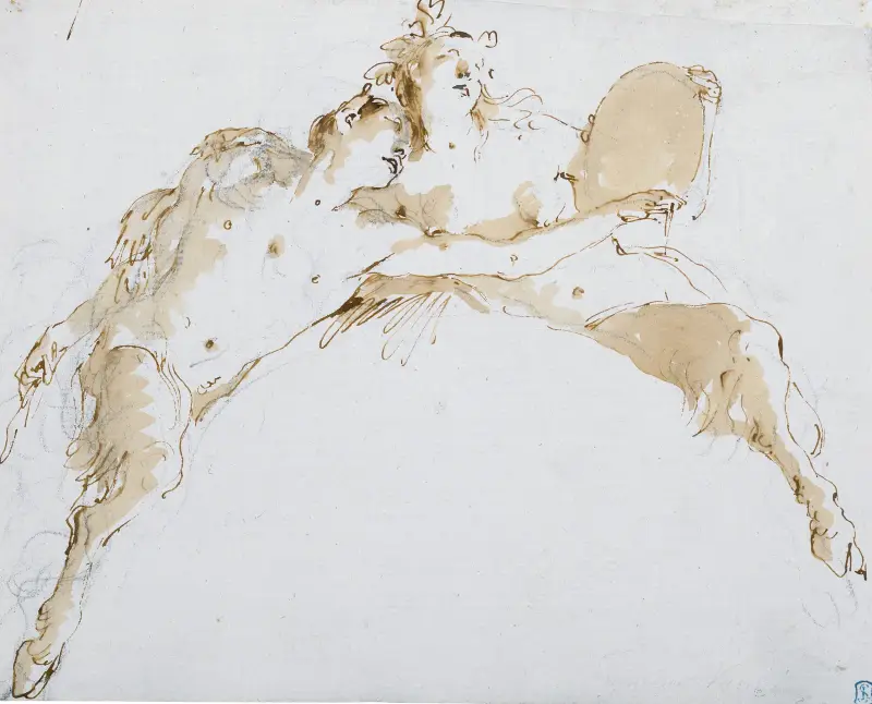 En faun med vänster arm utsträckt och en faunessa med tamburin av Giovanni Battista Tiepolo