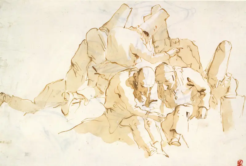 En grupp sittande punchinelli av Giovanni Battista Tiepolo