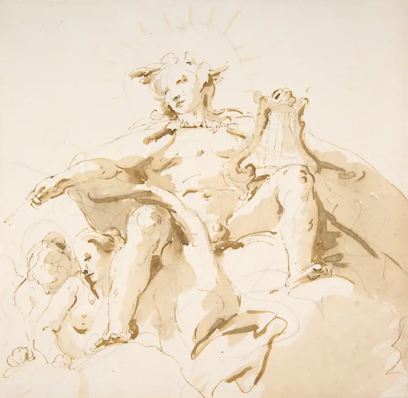 Apollo sittande på moln, två figurer till vänster av Giovanni Battista Tiepolo